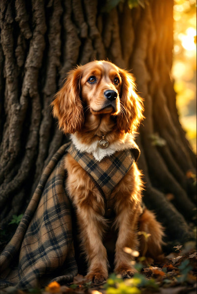 A5 greeting card featuring Hamish the golden Cocker Spaniel wrapped in a classic tweed blanket, sitting beneath an old oak tree amidst golden autumn leaves. With a thoughtful expression and a vintage-style collar tag, Hamish embodies countryside charm and gentlemanly poise. Part of the Countryside Greetings collection by Charles Sainsbury-Plaice, this heartwarming dog card combines rustic British style with a humorous backstory, ideal for dog lovers and fans of heritage-inspired stationery.