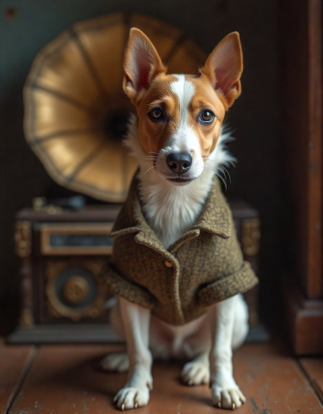 A5 greeting card featuring a lively Jack Russell Terrier attentively listening to a vintage gramophone, capturing a moment of classic charm and canine curiosity. Illustrated by Charles Sainsbury-Plaice for the Countryside Greetings collection, this whimsical design combines nostalgia with humour — ideal for dog lovers and fans of retro British style. Printed sustainably in the UK and blank inside for all occasions