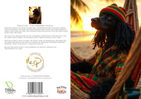 Double-sided greeting card featuring Kingston the Standard Poodle, styled as a laid-back reggae musician. On the right, Kingston reclines in a hammock on a tropical beach at sunset, wearing a colourful patterned shirt and a red, yellow, and green knitted hat with faux dreadlocks. The left side includes a smaller version of the portrait, a whimsical character biography describing Kingston’s chilled musical lifestyle, and eco-branding for Countryside Greetings, including a barcode and British-made logos.