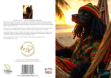 Full A5 greeting card design featuring Kingston the Standard Poodle. The front shows Kingston in colourful reggae attire, relaxing in a hammock at sunset. The back includes a whimsical character bio, barcode, branding, and sustainability logos, along with the Countryside Greetings emblem and product details.