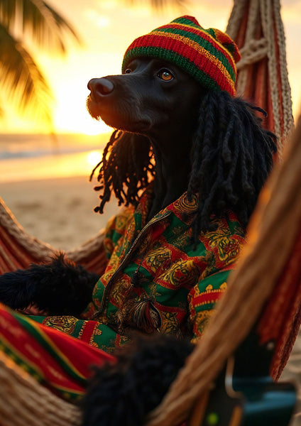 Close-up image of Kingston the Standard Poodle greeting card lounging in a hammock on a tropical beach at sunset. He wears a vibrant reggae-inspired shirt and striped beanie with faux dreadlocks, gazing peacefully toward the horizon. Palm fronds and golden sunlight enhance the relaxed, soulful vibe of this island-themed character portrait.
