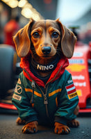 A5 greeting card showcasing Nino the Dachshund, styled as a confident racing driver in a green and red race suit adorned with sponsor-style patches, seated in front of a Formula 1 car. The left side of the card features a witty biography describing Nino’s fearless, fast-paced persona and dogged determination on and off the track. Designed by Countryside Greetings, this humorous card is perfect for motorsport fans, dog lovers, and anyone who appreciates quirky, British-made greeting cards