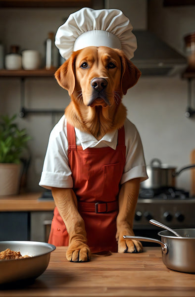 A5 greeting card featuring Ramsay, a Fox Red Labrador chef, dressed in a crisp apron and tall toque blanche, exuding culinary authority and charm. With a steely gaze and serious kitchen credentials, Ramsay stands poised to flambé or fillet with flair. From the Countryside Greetings collection by Charles Sainsbury-Plaice, this witty and beautifully illustrated card celebrates foodie culture with a canine twist, perfect for chefs, dog lovers, and anyone who appreciates gourmet humour.