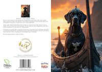Double-sided greeting card featuring Rollo the Great Dane. The right side shows Rollo, dressed as a Viking, riding a carved longship on open water, with a dramatic sunrise and rocky coastline in the background. The left side presents a humorous character biography, describing Rollo’s legendary exploits and stoic bravery. Includes Countryside Greetings branding, barcode, and eco-certification logos.