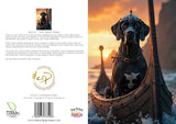 Double-sided greeting card featuring Rollo the Great Dane. The right side shows Rollo, dressed as a Viking, riding a carved longship on open water, with a dramatic sunrise and rocky coastline in the background. The left side presents a humorous character biography, describing Rollo’s legendary exploits and stoic bravery. Includes Countryside Greetings branding, barcode, and eco-certification logos.