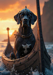 Majestic Great Dane dressed as a Viking warrior sits proudly at the bow of a wooden longboat, sailing through the sea at sunrise. Wearing an ornate silver helmet and a studded leather collar, Rollo the dog gazes forward with a noble and intense expression. Behind him, cliffs and golden light enhance the cinematic, mythic feel of the scene.
