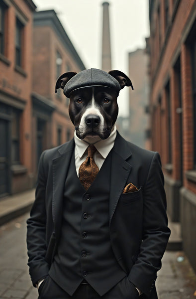 A5 greeting card featuring a tough-yet-dashing Staffordshire Bull Terrier dressed in full Peaky Blinders attire — complete with flat cap, tailored overcoat, and a piercing gaze that means business. This bold, character-driven design from the Countryside Greetings collection by Charles Sainsbury-Plaice blends vintage gangster style with canine charisma. Blank inside and printed in the UK, it’s the perfect card for fans of British drama, dog lovers, and those who appreciate a bit of attitude with their cards
