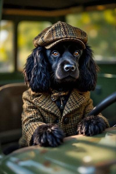 A5 greeting card featuring Vinnie the Black Cocker Spaniel dressed in a brown houndstooth tweed coat, bow tie, and matching flat cap, sitting in a vintage Land Rover. The left side of the card displays a humorous character description of Vinnie, emphasizing his charm and mysterious countryside persona. Designed by Countryside Greetings, this card combines British rural style with canine sophistication, ideal for dog lovers and fans of country-themed gifts