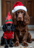 Two Cocker Spaniels dressed in Christmas elf outfits, with a large brown dog wearing a red Santa hat and a smaller black dog wearing a red elf shirt and matching pointed hat, posed together against a wooden door background.
