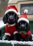 Two black Cocker Spaniels wearing matching red Santa hats and red holiday outfits sit together in the bed of a green truck with snow on the bed and windshield.