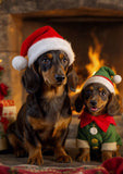 Two dachshund dogs posed in front of a warm fireplace, dressed in Christmas elf and Santa outfit. The larger dog wears a red Santa hat with white trim, and the smaller dog wears a green elf hat with a red bow and green outfit with white trim.