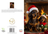 Two dachshunds wearing Christmas hats in front of a fireplace.
