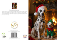 Two dogs, one in a Santa hat and the other in an elf outfit, sitting in front of a fireplace.