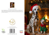 Two dogs, one in a Santa hat and the other in an elf outfit, sitting in front of a fireplace.