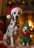 A large Dalmatian wearing a red Santa hat sits beside a smaller puppy in a green elf costume with a red collar, set in front of a warm fireplace with holiday decorations.