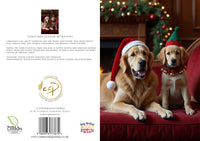 Two dogs, one adult and one puppy, wearing festive hats on a red surface with Christmas decorations in the background.