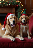 Two golden retriever dogs sitting on a red velvet sofa in a cozy holiday setting, wearing Santa hat and elf hat respectively. The background features a decorated Christmas tree and a fireplace.