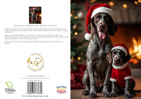 Two German Wire-haired Pointers wearing Santa hats in front of a Christmas tree with lights.