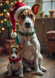 Two Jack Russells posed indoors on a wooden floor, dressed in Christmas attire. The larger dog wears a red Santa hat with white trim and a green collar, while the smaller dog wears a small gold hat and red scarf.