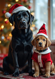 A black labrador and a golden lab puppy wearing matching red Santa hats and a small red Santa outfit, posed together indoors in front of a softly blurred Christmas tree with warm lights.