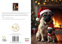 Two pugs wearing Santa hats in front of a fireplace with Christmas decorations.