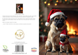 Two pugs wearing Santa hats in front of a fireplace with Christmas decorations.