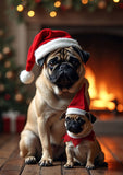 Two pugs wearing red Santa hats and a small red Santa bow tie, posed in front of a warm fireplace with blurred Christmas lights in the background.