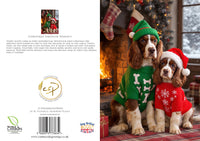 Two dogs wearing Christmas sweaters and hats in a festive setting with stockings and a tree.