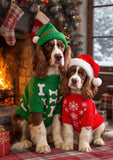 Two Springer Spaniels sitting together in a cozy holiday setting, wearing festive knit sweaters and Santa hats. The larger dog wears a green sweater with white bone motifs and a green Santa hat, while the smaller dog wears a red sweater with white snowflakes and a red Santa hat.