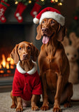 Two Hungarian Vizsla's posed indoors in holiday attire, with the larger dog wearing a red Santa hat and the smaller dog wearing a red sweater with a white collar. A fireplace, stockings, and warm lights are visible in the background.