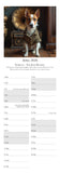 Dog calendar with a dog sitting on a wooden floor and a room in the background.