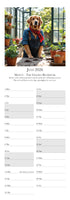 Dog calendar for July 2026 with a dog wearing a sweater and scarf on a table.