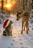 A tabby cat wearing a red Santa hat sits in the snow facing a spotted deer in a winter forest at sunset, with paw prints leading toward the deer.
