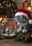 A gray tabby kitten wearing a red Santa hat sits beside a glass fishbowl with a goldfish and miniature Christmas decorations, in a warm holiday room setting with a blurred Christmas tree and lights in the background.