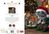 A Christmas-themed card cover and back cover layout for 'Santa Claws Christmas Tales: Christmas Curiosity' by Oscar & Goldie. The front cover shows a gray cat in a red Santa hat beside a glass fishbowl with a goldfish in a festive blurred holiday setting.