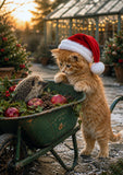 Luxury Hedgehog and Kitten Christmas Card featuring Alfie discovering Mr Bramble the hedgehog sleeping peacefully in an old green garden wheelbarrow.