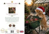 Christmas card cover for 'Santa Claws Christmas Tales: The Sleepy Gardener' by Althe & Mr. Bramble, shown as a full-front cover design with a back cover on the left and a photographic cover image on the right.
