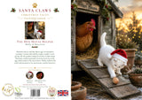 Christmas card cover and back cover layout for 'Santa Claws Christmas Tales: The Hen House Helper' by Molly & Henrietta. The left side shows the white back cover with title text, author names, publisher logos, and a barcode.