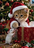 Luxury Mouse and Kitten Christmas Card featuring Charlie the kitten helping Pip the white mouse wrap Christmas presents with festive ribbons and bows.