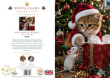 Full design layout Luxury Mouse and Kitten Christmas Card featuring Charlie the kitten helping Pip the white mouse wrap Christmas presents with festive ribbons and bows.