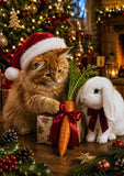 A festive Christmas scene with an orange tabby cat wearing a red Santa hat beside a white rabbit wearing a dark red bow, both gathered around a wrapped gift with a carrot tied to it on a wooden table. A decorated Christmas tree and warm holiday lights are in the background.