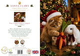A Christmas card shown as a split design: the left side contains the title 'Santa Claws Christmas Tales,' author text, and publisher logos, while the right side shows a warm holiday scene with a fluffy orange cat in a Santa hat beside a white rabbit in a stocking, decorated with carrots and a Christmas tree.