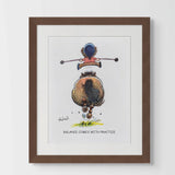 Framed Norman Thelwell pony print featuring humorous equestrian cartoon Balance Comes With Practice