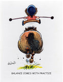 Illustration of a person riding a horse with text 'Balance comes with practice' on a white background