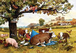 A humorous countryside greeting card by Norman Thelwell showing three children hiding in a tree above a "No Camping" sign while farm animals take over their campsite below. Cows lounge on sleeping bags, one chews on a tent, and pigs, chickens, and ducks mill around. The scene is set in a sunny, rolling rural landscape with a farmhouse in the distance.