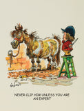 Cartoon of a horse and a child with scissors, with text 'Never clip him unless you are an expert'.