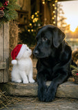 A black Labrador retriever and a white cat wearing a red Santa hat sit together on a rustic stone porch with warm holiday lights and pine garlands in the background.