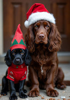 Festive Cocker Spaniels Christmas card with elf and Santa hats