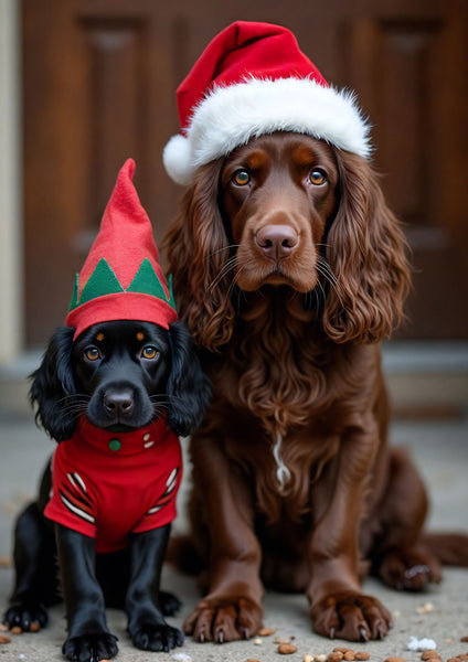 Festive Cocker Spaniels Christmas card with elf and Santa hats