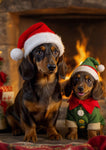 Two dachshunds wearing Christmas hats in front of a fireplace.